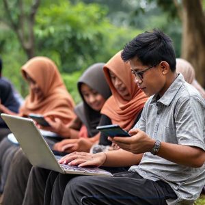 Sekelompok orang dari berbagai latar belakang (mahasiswa, pengusaha UMKM, petani) sedang menggunakan perangkat digital seperti laptop, tablet, dan smartphone dengan senyum cerah, di latar belakang terdapat peta Indonesia yang terhubung oleh jaringan digital, melambangkan inklusi dan manfaat Transformasi Digital.