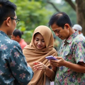 Sekelompok orang dari berbagai latar belakang etnis menggunakan aplikasi di ponsel mereka, menunjukkan inklusi digital. Latar belakang pedesaan dan perkotaan yang menyatu.