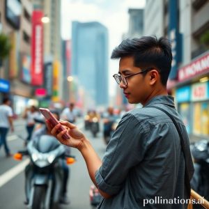 Sekelompok orang muda Indonesia sedang menggunakan smartphone mereka untuk berbagai aktivitas digital: belanja online, memesan makanan, dan melakukan pembayaran digital, menunjukkan inklusi digital. Latar belakang kota modern.