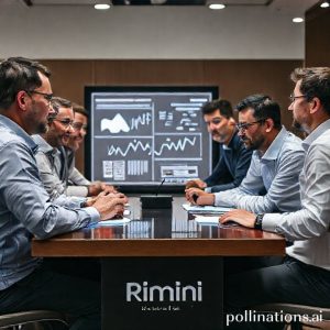 Sekelompok profesional IT multirasial bekerja di sekitar meja bundar dengan layar holografik menampilkan data dan grafik. Seorang insinyur Rimini Street (dengan logo di bajunya) sedang berdiskusi dengan tim, melambangkan dukungan ahli dan kolaborasi dalam optimasi IT.