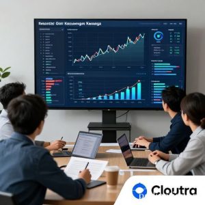 Sekelompok profesional keuangan yang sedang berdiskusi di depan layar besar yang menampilkan visualisasi data kompleks, grafik, dan model AI. Beberapa dari mereka menunjuk ke arah grafik, menunjukkan analisis dan pengambilan keputusan berbasis data. Di sudut, logo Cloudera terlihat samar.