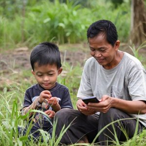Seorang anak dan seorang petani tersenyum sambil menggunakan tablet dan smartphone di area pedesaan yang terhubung internet, melambangkan dampak positif teknologi pada pendidikan dan ekonomi lokal.