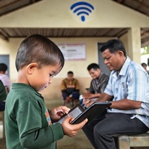 Seorang anak desa sedang belajar menggunakan tablet di bawah pohon, dengan latar belakang balai desa yang memiliki logo Wi-Fi dan beberapa orang dewasa terlihat berdiskusi di dalam balai.