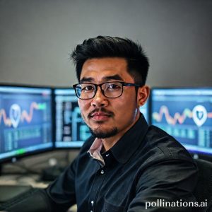Seorang individu dengan ekspresi fokus di depan beberapa layar komputer yang menampilkan grafik trading aset kripto, dengan logo PINTU yang menyala di salah satu layar. Suasana modern dan dinamis.