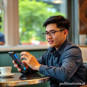 Seorang pria muda duduk di meja kafe, menggunakan Samsung Galaxy Z Flip7 yang terbuka penuh untuk multitasking. Satu sisi layar menampilkan grafik penjualan, sisi lain menunjukkan antarmuka Gemini Live yang sedang menulis draf teks iklan.