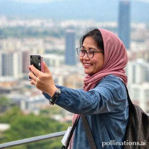 Seorang turis wanita tersenyum sambil memotret pemandangan kota dengan smartphone HONOR 400.
