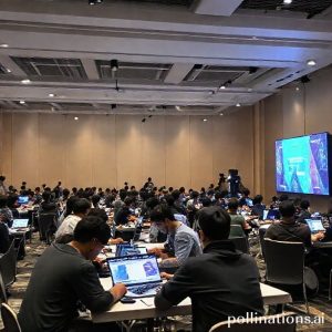 Suasana ramai sebuah hackathon modern, dengan banyak orang bekerja di laptop di meja panjang, ada poster besar bertuliskan