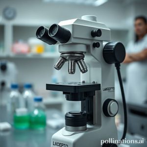 Tampilan close-up sebuah perangkat yang mirip mikroskop digital terhubung ke smartphone, menampilkan gambar detail sel pada layar. Teks di samping perangkat berbunyi 