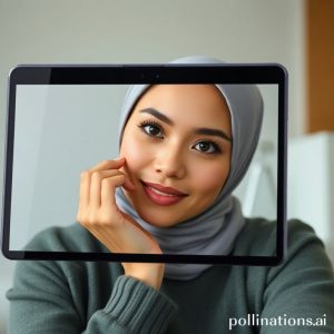 Tampilan close-up dari Samsung Galaxy Z Flip7 yang dilipat seperti laptop, menampilkan antarmuka FlexCam sedang merekam video tutorial produk skincare. Di layar, terlihat wajah seorang wanita yang sedang menjelaskan produk.