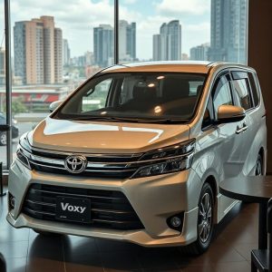 Toyota Voxy bekas berwarna putih metalik sedang diparkir di depan sebuah kafe modern di perkotaan, dengan pintu geser sedikit terbuka, menonjolkan kesan stylish dan mewah. Latar belakang kota dengan gedung-gedung tinggi.