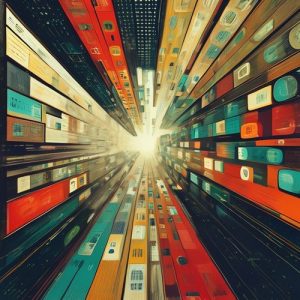 Ilustrasi pusat data modern yang menunjukkan server-server dengan GPU NVIDIA yang bercahaya dan jaringan yang kompleks dengan perangkat Cisco yang saling terhubung, dengan latar belakang efek data dan AI yang mengalir.